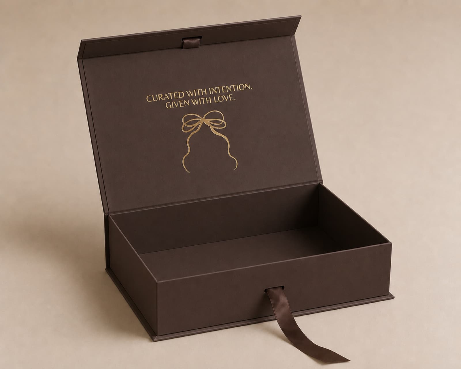 An open Ivory & Ribbon box, ready to be filled.
