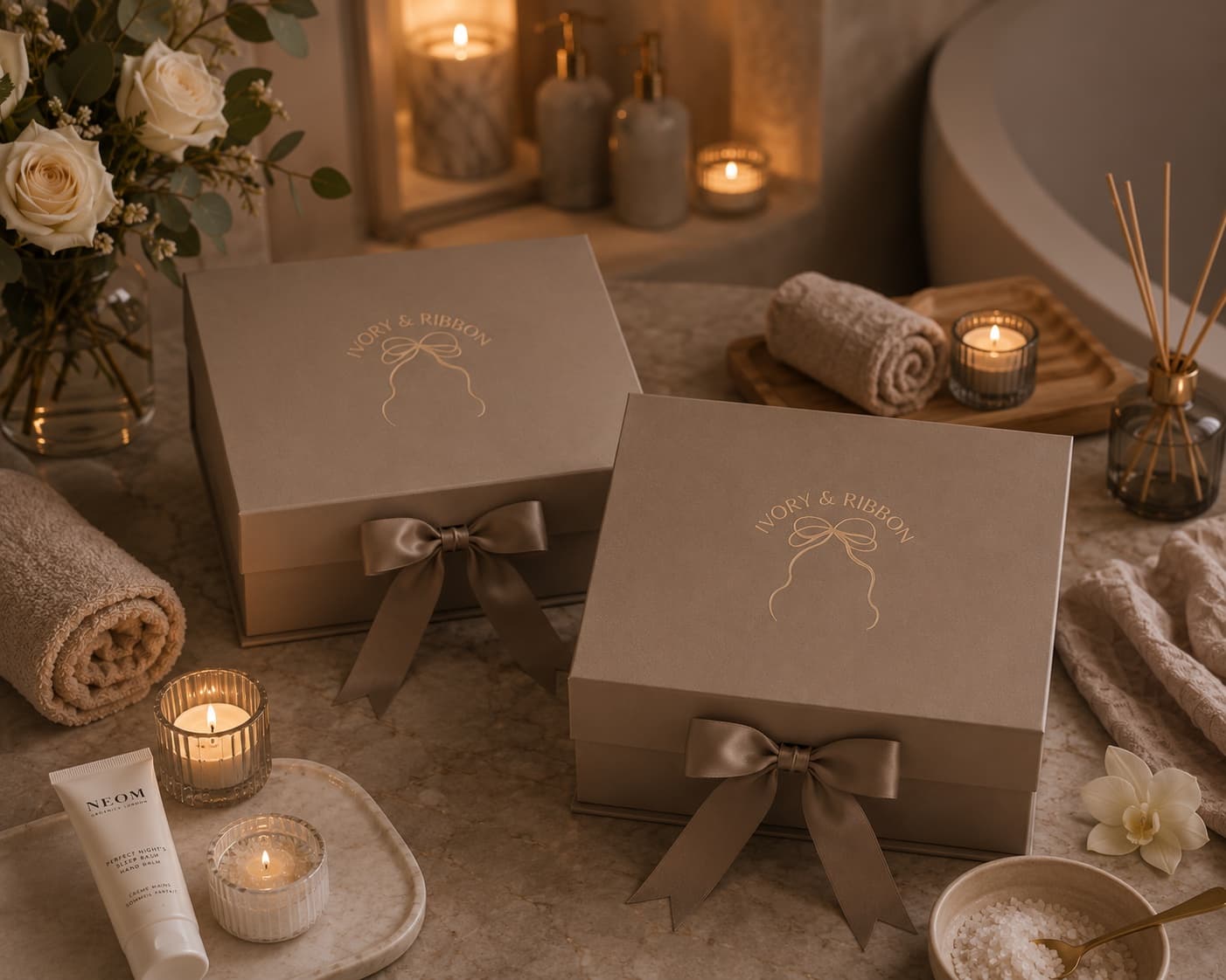 Two Ivory & Ribbon gift boxes tied with satin bows in a warm, candlelit spa setting with towels, candles, and flowers.